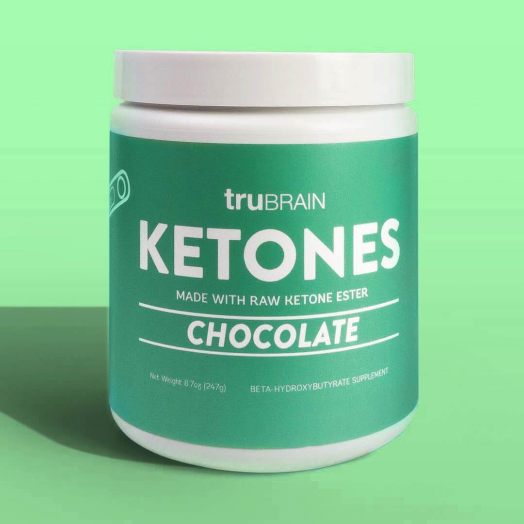 Hero shot of TruBrain’s Ketones tub of raw, natural, ketone ester, the best fuel for the mind and body - reach Ketosis fast and easy