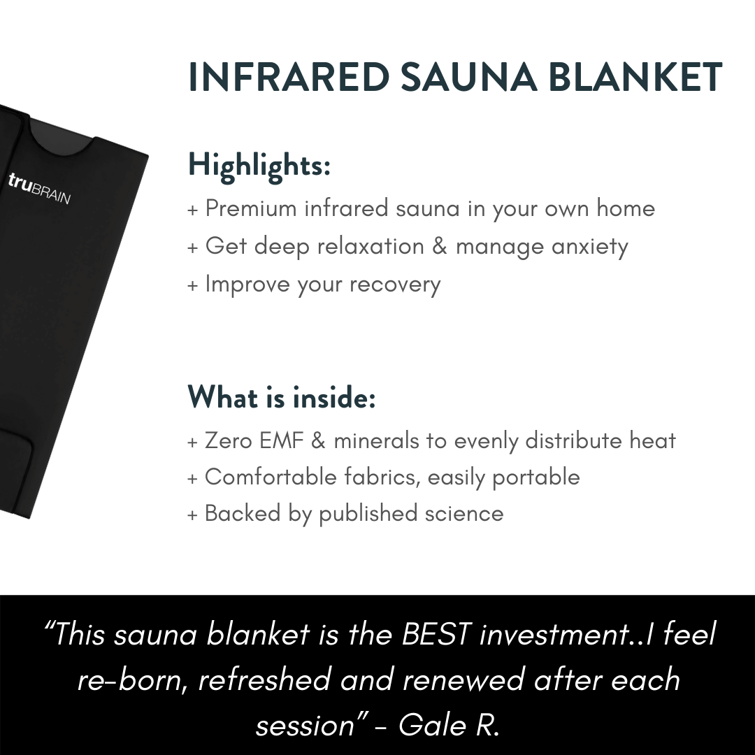 Infographic describing the benefits of the Infrared Sauna Blanket, including Deep relaxation, managing anxiety, improving recovery. And also what's inside including low EMF, and minerals to distribute.