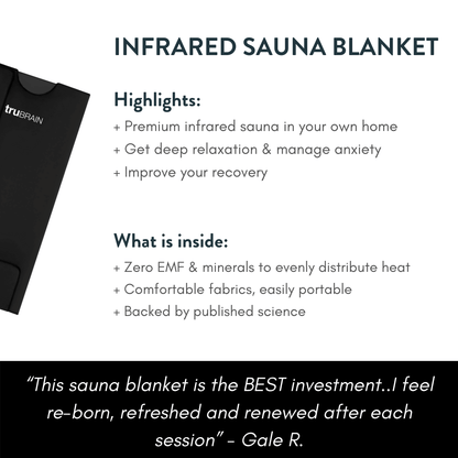 Infographic describing the benefits of the Infrared Sauna Blanket, including Deep relaxation, managing anxiety, improving recovery. And also what's inside including low EMF, and minerals to distribute.